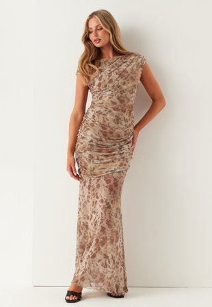 Bubbleroom Occasion - Ruched Asymmetric Mesh Ankle Dress - Brown/Beige