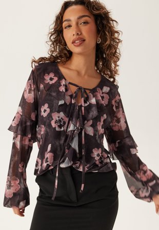 BUBBLEROOM - Mesh Frill Top - Black/Floral