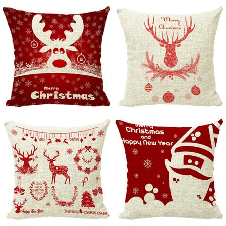 Set med 4 Merry Christmas Snöflingor Dekorerade Örngott Kuddfodral Familj soffa fyrkantig