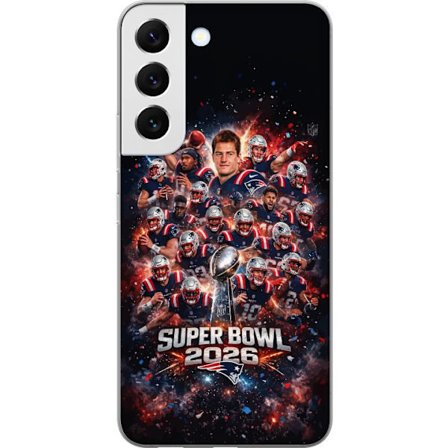 Yhteensopiva Puhelinkuori Samsung Galaxy S22+ 5G Super Bowl 2026 juliste, jossa New England Patriots ja NFL-mestaruuspalkinto räjähtävän urheilullises