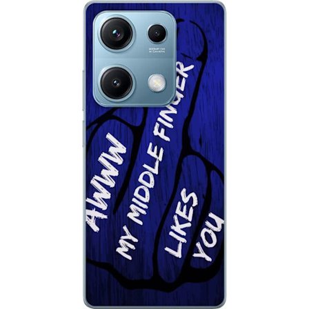 Kompatibelt Mobildeksel til Xiaomi Redmi Note 14S Mørk typografisk illustrasjon med hjerteform og budskap om vennskap mot dyp blå tretekstur