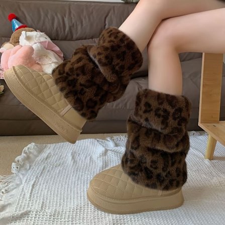 Dame Plysfleece-forede Leopard Print Benvarmere - Tykke Vinterstøvler med Snørelukning, & Brunt Dyreprint Design til Efterår/Vinter