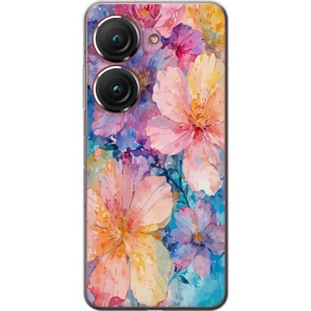 Yhteensopiva Puhelinkuori Asus Asus Zenfone 9 Vesivärimaalaus suurilla kukilla vaaleanpunaisissa, sinisissä ja keltaisissa sävyissä pehmeässä ta
