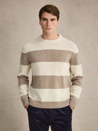 John Henric Men's Beige & Braun Gestreifter Pullover Casual Fit Size XL