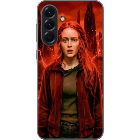 Kompatibelt Mobilskal till Samsung Samsung Galaxy A56 Porträtt av en ung kvinna med rött hår i en apokalyptisk landskap, röda blixtar och mörka k