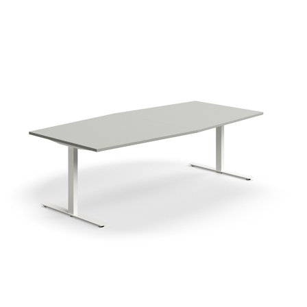 Konferenztisch QBUS, Bootsform, 2400x1200 mm, T-Gestell, weiß/hellgrau