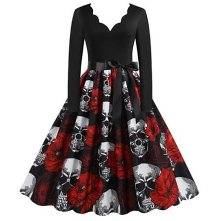 Halloween, Casual V-ringad, Blommig Print Klänning För Kvinnor