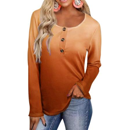 Kvinnor Färgglada Button Down Crew Neck Henley T-shirt Gradient Tee