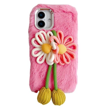 iPhone 16 Plus Fodral Två blommor Dekor Yttre Fluffig plysch Inre Flexibelt telefonskydd - Rosa