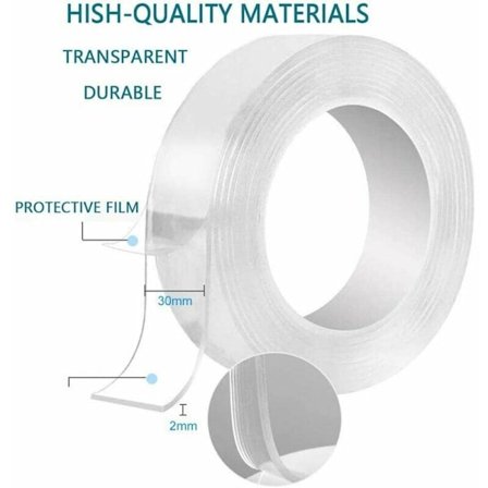 Icke-märkande tvättbar tejp, återanvändbar nanogelplatta, transparent, dubbelsidig, halkfri, avtagbar tejp, självhäftande, transparent handtag (1m)