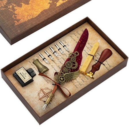 Antik Dip Pen Kit 5 Replacement Pen Nibs Fjäder Penna Kalligrafi Present Pen Set