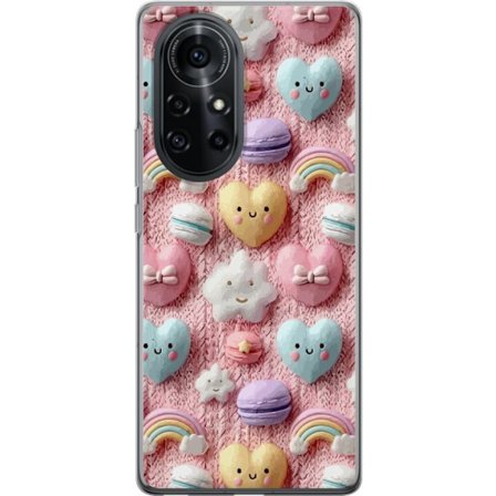 Yhteensopiva Puhelinkuori Huawei nova 8 Pro Pastellimotiiivi sydämillä, pilvillä, sateenkaarilla ja makaronseilla vaaleanpunaisella taustalla suloises