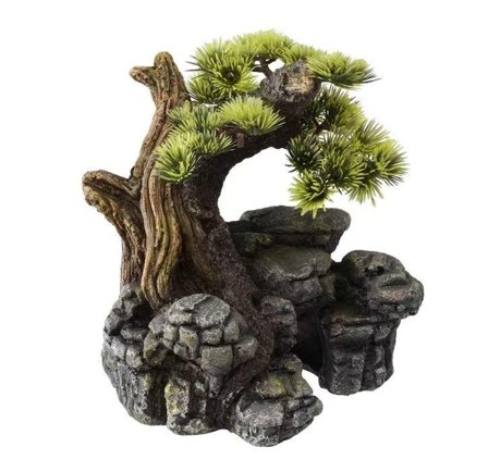 Akvariedekorasjon Stein med Plastikkplante - 18cm