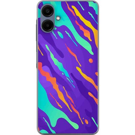 Kompatibel Mobilcover til Samsung Galaxy A06 Farverigt abstrakt mønster med flydende former i lilla, turkis, gult og orange.