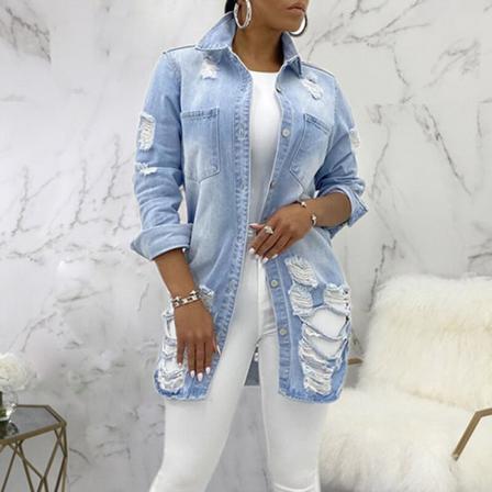 Dam Förstörd Jean Jacka Lapel Neck Klassisk Fray Hem Cardigan