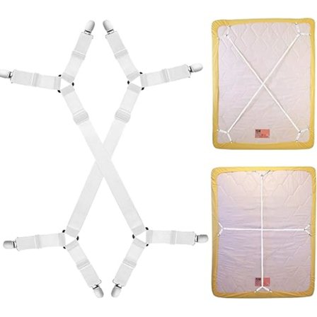 Lakanhållare med kors (2 vita), justerbar lång lakanrem, lämplig för tunga lakan, täcken och lakan på al