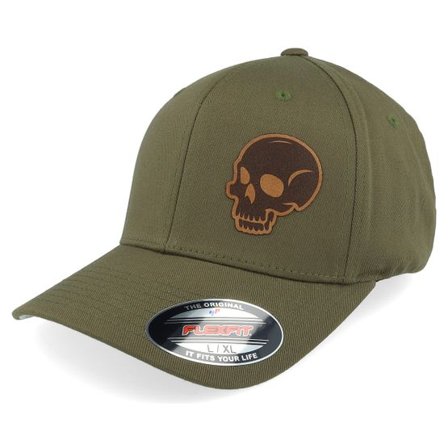 Iconic - Grön flexfit Keps - Skull Engraved Wooly Combed Olive Flexfit @ Hatstore
