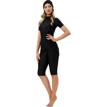 Women Modest Swimwear Islamic Muslim Swimsuit Short Sleeve Zipper Front Top Shorts Pants Hijab 3pcs Swimming Costume S-4xl Xinmu -a