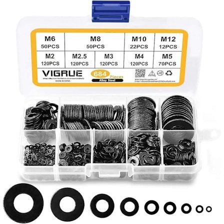 684 Flade Skiver 9 Størrelser M2 -m12 Rustfrit Stål Flade Og Låseskiver Sortiment Sæt Med Fladt Kasseboks, Sort