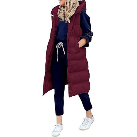 s långa pufferväst Med full dragkedja med huva ärmlös dunjacka med fickor