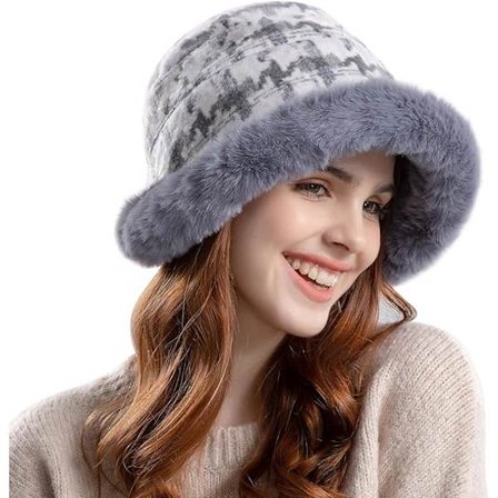 Vintermode Bucket Hat for Kvinner Damer Jenter Tenåringer, Myk Fuskepels, Pelsaktig Vinter Varm Slouchy Fiskehatt Lue med Tykt Fleece Fôr Grå