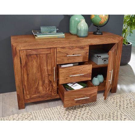 Rootz skænk massivt træ sheesham kommode 118 cm 3 skuffer 2 låger design highboard landstedsstil brun natur