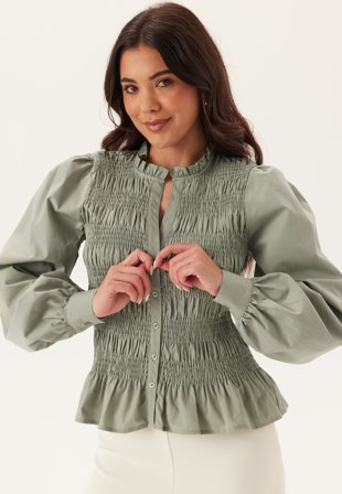 BUBBLEROOM - V-neck Cotton Smock Blouse - Light green
