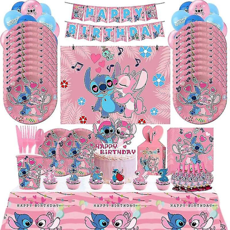 Pink Stitch Fødselsdagsfest Dekoration Lilo og Stitch Tema Service Engel Balloner Tallerkener Kopper Tilbehør til Børn Piger Høj Kvalitet..._xx