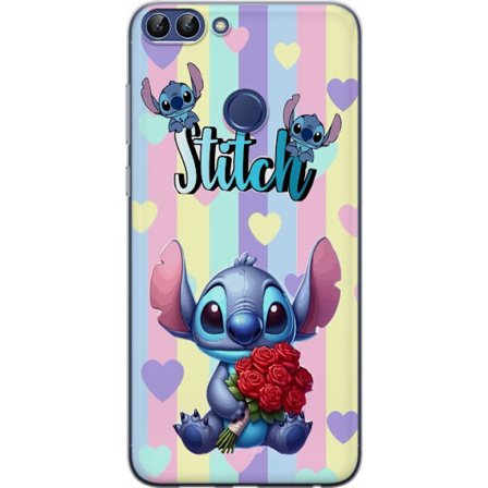 Kompatibelt Mobildeksel til Huawei P smart Romantisk illustrasjon av Stitch som holder røde roser mot stripet bakgrunn