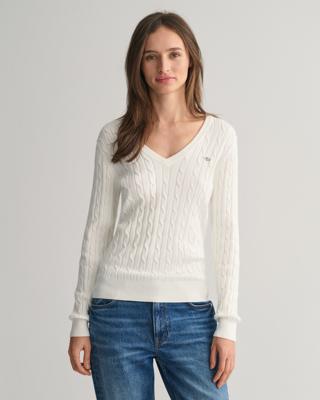 GANT - Kabelstrikket bomullsgenser med stretch og v-hals - Dame - L