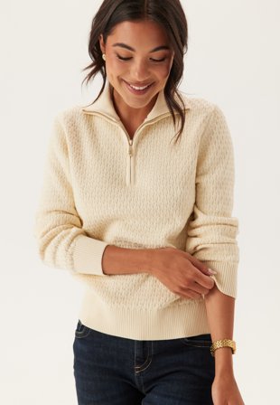GANT - Cotton Textured Half-zip - Cream - Kläder - - Bubbleroom