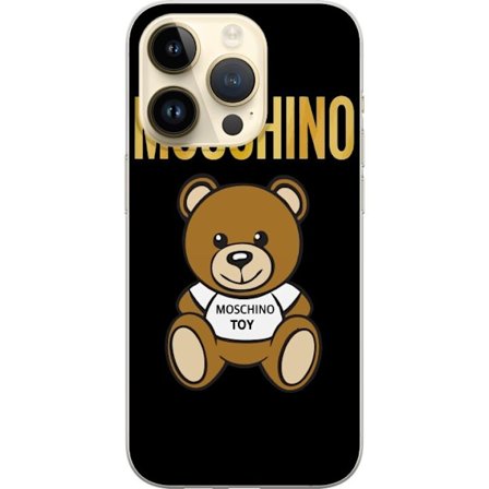 Kompatibelt Mobilskal till Apple Apple iPhone 15 Pro Moschino-inspirerad nallebjörn med text på tröjan, centrerad mot svart bakgrund med tydlig mod