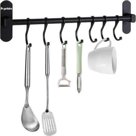 Vægmonteret køkkenredskabsholder i rustfrit stål med 7 kroge, vægmonteret køkkenstang i aluminium (sort)