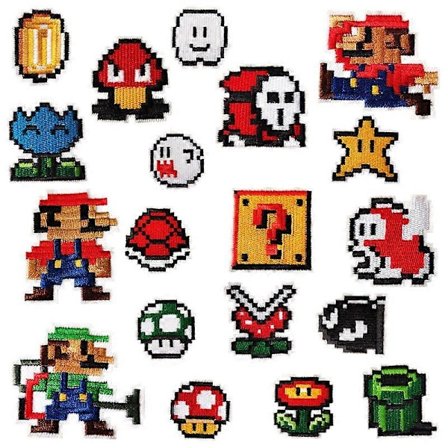 Et sett med 19 tegneserie spill Mario pixel stoff klistremerker data broderi dekorasjon bag Zhangzai merke klær klistremerker patch klistremerker