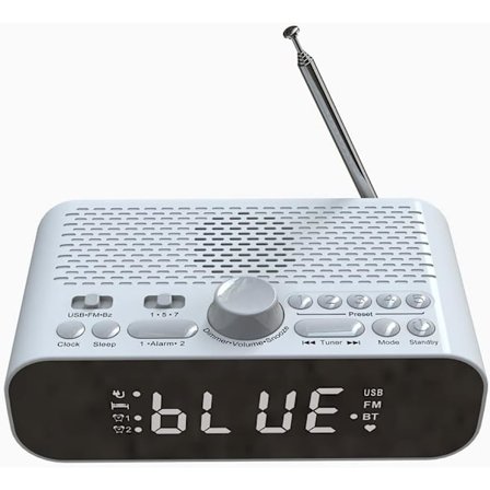 Radio-ohjattu herätyskello, FM-radio, Bluetooth-kaiuttimella, sauva-antennilla, monipainikkeella, LED-digitaalinäyttö, ladattava, valkoinen