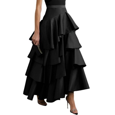 Uoozee Dame A-linje Flæse Fest Nederdel Høj Talje Plisseret Ensfarvet Lang Nederdel Sort{f2}