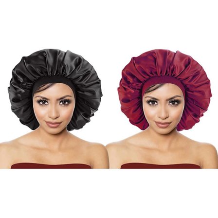 Satin Nat Hår Bonnet, Søvnhatte, Strækbar Nat Hue Bredt Bånd Nat Hår Hat til Kvinder Piger Langt Hår Beskyttelse (Sort + Rød)