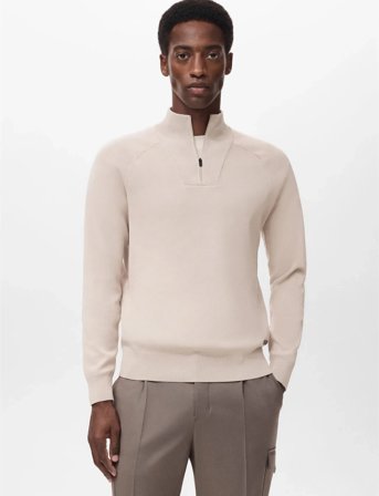 Mango Breathable Zip-Neck Sweater - Beige - L