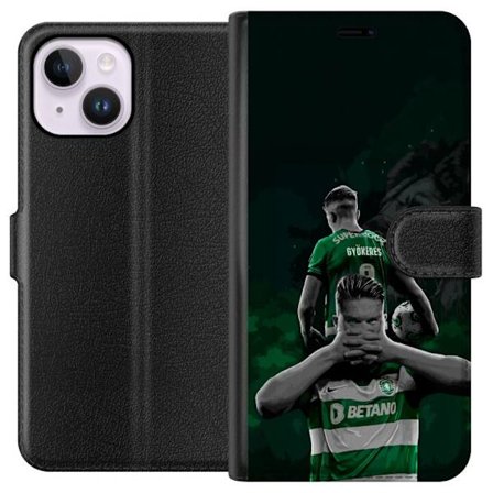 Kompatibelt Lommeboketui til Apple iPhone 15 Plus Neonmotiv med teksten "Gaming is in my DNA" på en blå og rød murvegg med en lysende DNA-spiral.