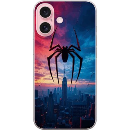 Yhteensopiva Puhelinkuori Apple Apple iPhone 16 Tyylikäs hämähäkki kaupungin horisontin yläpuolella dramaattisessa auringonlaskussa, graafinen fa