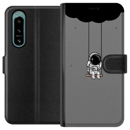 Kompatibelt Plånboksfodral till Sony Sony Xperia 5 IV Söt astronaut som sitter på en gunga under ett mörkt moln, minimalistisk illustration perfek