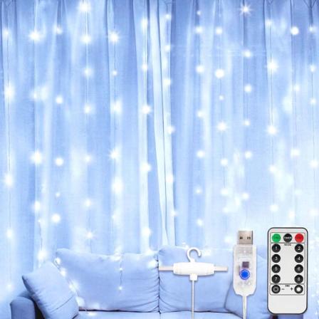 Fönstergardin ljusslinga 300 LED 8 belysningslägen Ljus fjärrkontroll USB-driven Vattentät (vit)3*3m(3*1M)