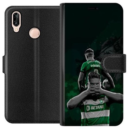 Yhteensopiva Lompakkokotelo Huawei P20 lite Neonmotiivi, jossa teksti "Gaming is in my DNA" sinisenä ja punaisena tiiliseinällä, jossa loistava DNA-sp