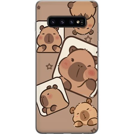 Kompatibelt Mobilskal till Samsung Samsung Galaxy S10 Capybara Frame Friends Lekfullt mönster med små kapibaror i rutor med stjärnor och beige bakg