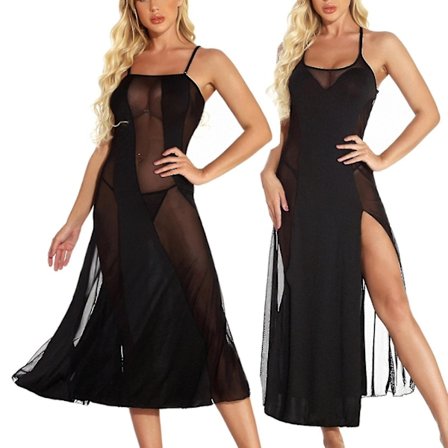 Sexy Dame Splice Trådløs BH Lingerie Ryggløs Pyjamas Nattkjole Svart S-6xl