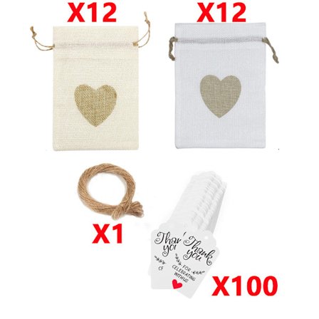 125 stk. hjerteformede gaveposer i jute med snoretræk og takkekort - 10,16x15,24 cm stof, perfekt til Valentinsdag, bryllupper, fester, kaffe, 