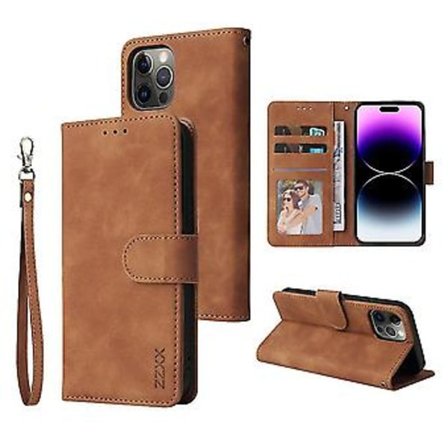 Læder Wallet Telefon Cover til iPhone 14 Pro Flip Kort Slot Telefon Cover Beskyttende Brun