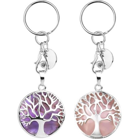 2 stk. Natursten Nøglering, Livets Træ Lithoterapi Reiki Lykkebringer, Amethyst Lommevedhæng, Sundhedsdekoration