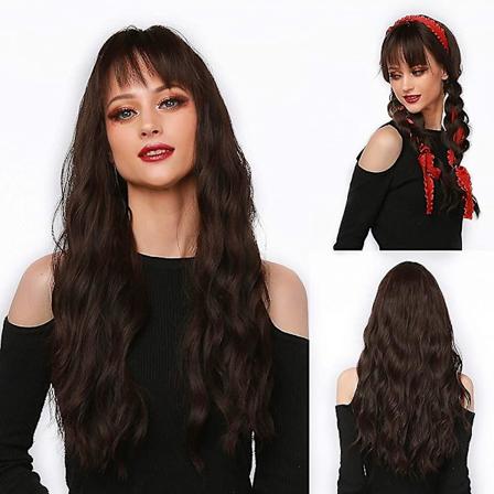 Musta aaltoileva peruukki otsatukalla mustille naisille. Pitkä kihara peruukki naisten asuun