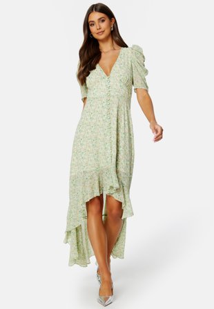BUBBLEROOM Summer Luxe High-Low Midi Dress Green / Floral Klær